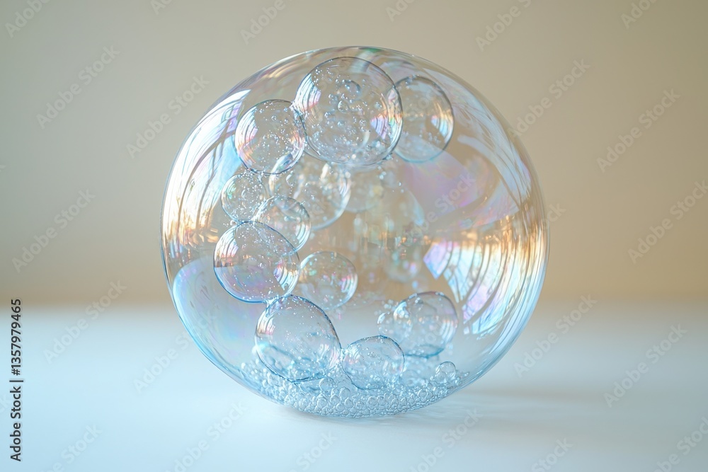 Aufkleber Bubbles floating gracefully in a translucent sphere backlit by soft natural light in a minimalist setting