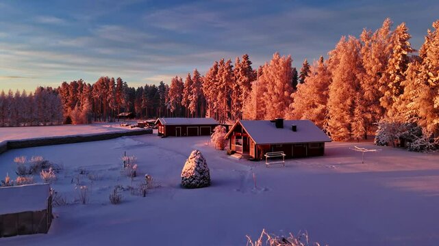 Drone coucher de soleil rose sur une plaine et for&ecirc;t Laponie Finlandaise