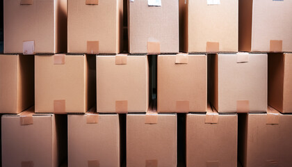 積み上げられた段ボール箱、一杯、多量、整列、揃った、積む、重ねる、荷物、配達