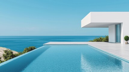 Fototapeta premium Luxury home minimalist and exclusive, A modern villa with an infinity pool overlooks a serene ocean, showcasing sleek architecture and a tranquil blue sky.