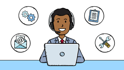 Customer service man working on laptop. Around the character are icons of email, gears, notepad and screwdriver. The man is wearing a headset. Illustration in doodle style.