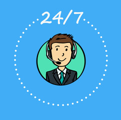 Sketch style illustration. Customer service worker. Hand drawn graphic of businessman avatar with headphones. 24/7 help desk. 
