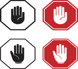 Red Octagonal Stop Sign with White Hand Symbol Bold Traffic Warning Icon in High Contrast Design
