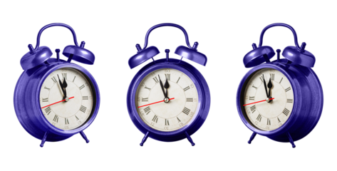 set collection retro clock, watch, pointer clock, Purple, violet color alarm clock on isolated white background close up