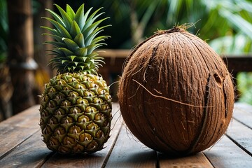 A vibrant pineapple and a rustic coconut rest on a weathered wooden table, bathed in the warm glow of tropical sunlight.