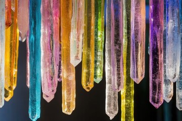 Vibrant, multicolored crystal columns hang, showcasing diverse hues and textures