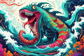 Fototapeta premium Celestial Kraken Illustration with Colorful Turquoise Currents and Vibrant Patterns