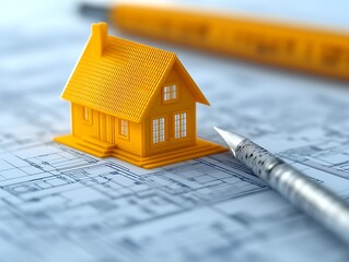 A yellow model house sitting on top of a blueprint design