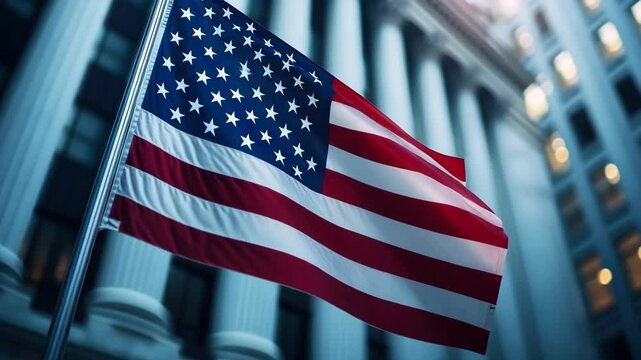 American flag waving in front of columns Happy 4th of July, Independence Day USA