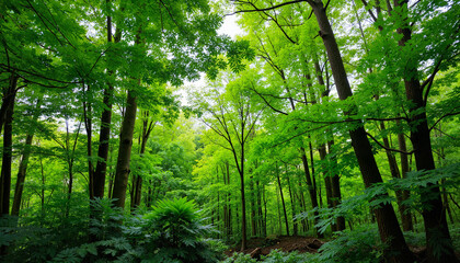 Naklejka premium Lush green forest with tall trees and vibrant foliage