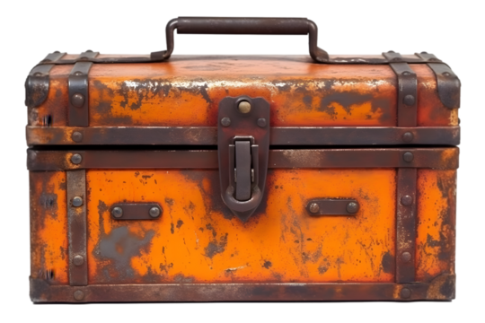 Rusty orange metal toolbox sitting on a white surface with visible wear and tear, showing a vintage design and sturdy construction