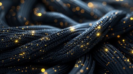 Elegant Navy Blue Knit Texture With Golden Bokeh Lights Background. Premium Textile Close-Up. Abstract Fabric Design For Mockups And Creative Projects.