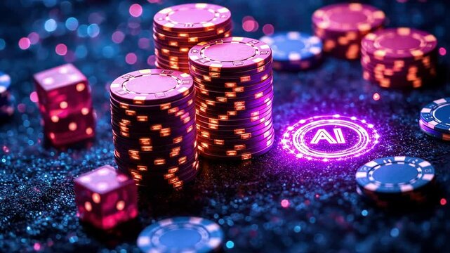 Glowing casino chips and dice highlight artificial intelligence theme