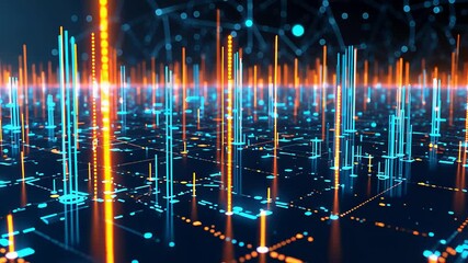 Futuristic glowing data cityscape with vertical light bars and digital grid network in a high-tech cyber environment

 - Powered by Adobe