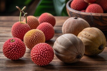 Vibrant red and gold textured fruits arranged on a rustic wooden table, bathed in warm, natural light, creating a still life of exotic beauty.