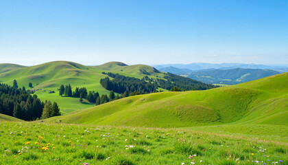 Fototapeta premium Lush green hills under blue sky with scattered trees