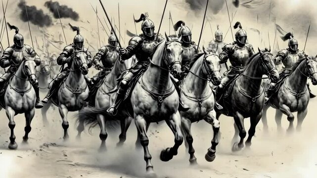 Medieval knights on horseback charging in battle amidst dust and flags. International Public Domain Day