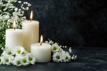 White candles and flowers on black panoramic background with copy space, funeral service, memorial and obituary header. MZ