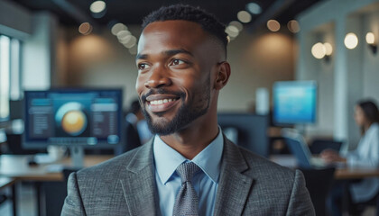 Portrait headshot photo of diverse friendly people: A confident businessman smiles thoughtfully while looking towards a bright office space filled with coworkers and computer screens.