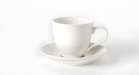 Fototapeta premium A Simple Elegant White Ceramic Cup with a Matching Saucer, Set Against a Clean, White Background