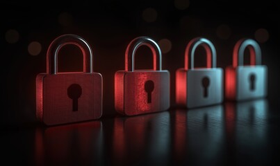 Bright depiction of digital security breach, showcasing locks and binary code against a dark background with neon effects