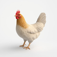 Fototapeta premium White hen standing on white background: farm animal portrait