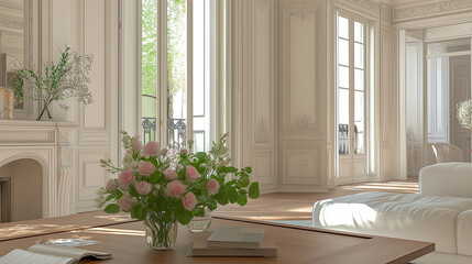 Bouquet of pink roses illuminating elegant parisian interior design