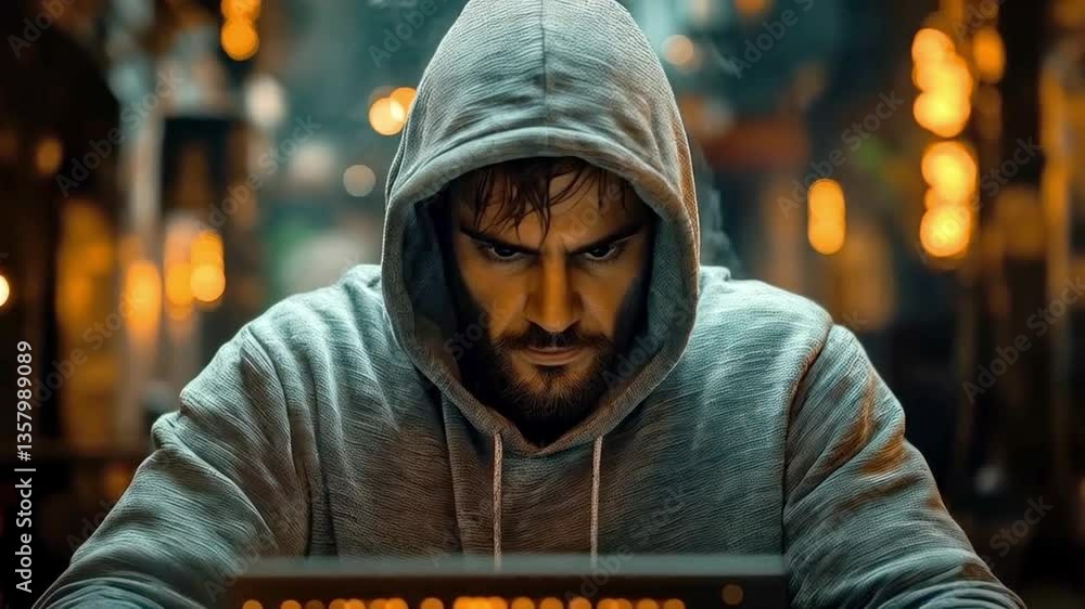Poster in a dimly lit space, a focused individual wearing a hoodie scrutinizes a laptop screen, checking fo