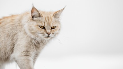 Obraz premium Cat gazes intensely at the camera from a low angle on a white background with plenty of copy space for text