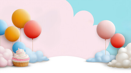 Colorful balloons floating with cupcake and clouds birthday background