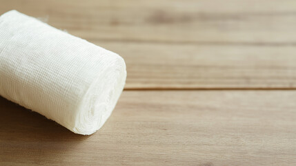 Fototapeta premium Medical gauze bandage roll resting on wooden table