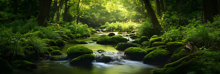 Tranquil Stream Winding Through Verdant Forest Creating a Calming Oasis of Nature's Harmony and Balance