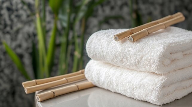 Fluffy spa towels placed near natural elements like bamboo sticks relaxation visuals