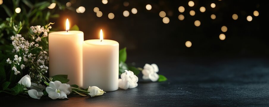White candles and flowers on black panoramic background with copy space, funeral service, memorial and obituary header. MZ