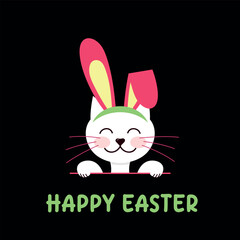 Happy Easter T-shirt design, kitten with bunny ears on a black background, vector illustration