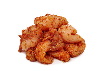 Seasoned chicken breast strips without skin ready-to-cooking on white background.