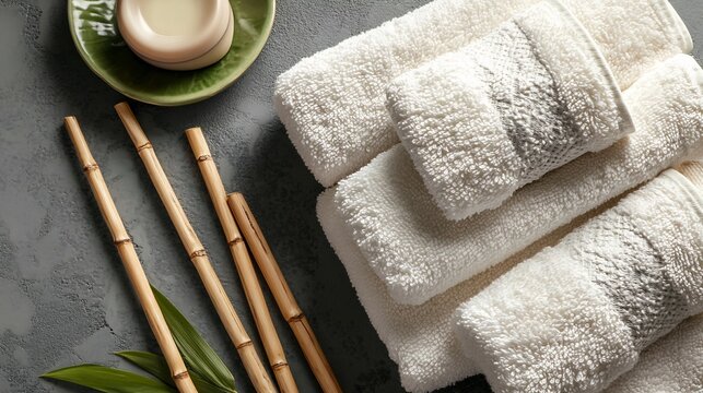 Fluffy spa towels placed near natural elements like bamboo sticks relaxation visuals
