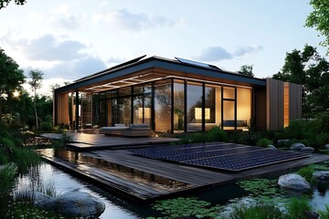 Invent a modern vision for a sustainable residence with a solar roof integrating smoothly with surroundings and tapping solar energy for household needs  
