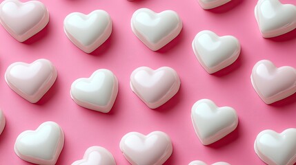 Obraz premium White heart-shaped candies on pink background. Perfect for Valentine's Day, love, and romance themes.