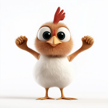 Cute cartoon chicken raising wings and celebrating success