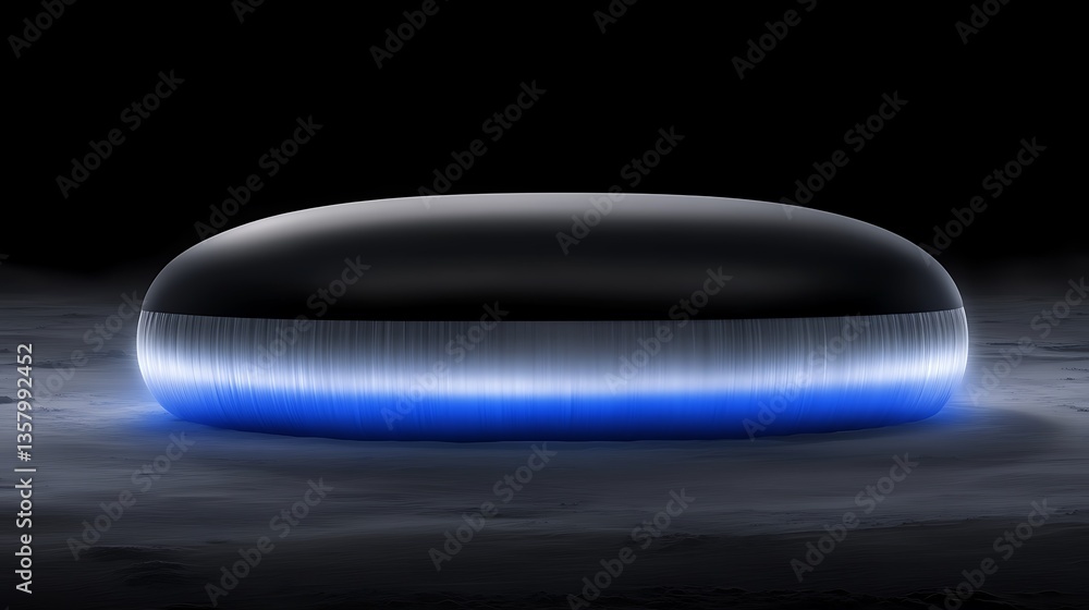 Poster a futuristic glowing form resting on a moody surface