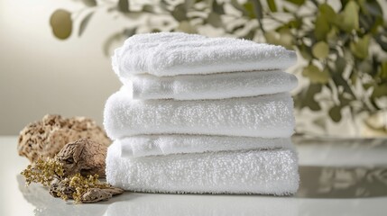 Fluffy white towel stack arranged near natural elements spa inspired visuals isolated on a bright surface