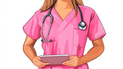 A healthcare professional wearing a pink scrub uniform holds a tablet in both hands, standing in a hospital corridor.