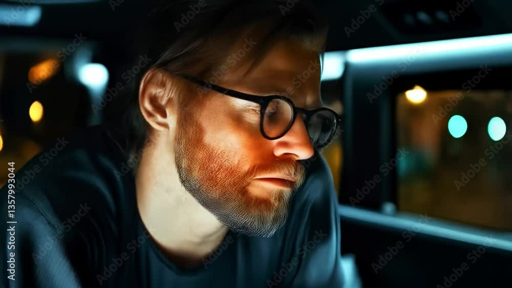 Poster A focused individual examines data displayed on glasses, assessing cybersecurity measures. The setting emphasizes risk management practices in the realm of data protection and breach mitigation.