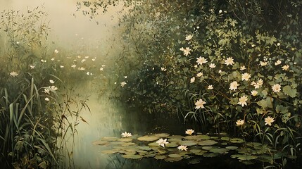 Misty riverbank with water lilies