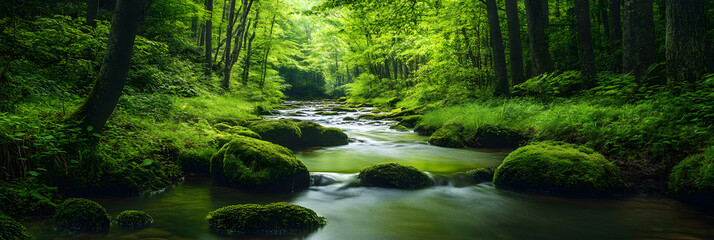 Obraz premium Tranquil Stream Winding Through Verdant Forest Creating a Calming Oasis of Nature's Harmony and Balance