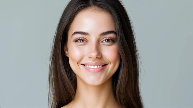 Zoom in video of a Beautiful woman brunette beauty close-up portrait on a gray background