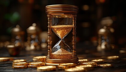 Golden hourglass sits on gold coins. Illustrates time, wealth, and the value of time in finance.
