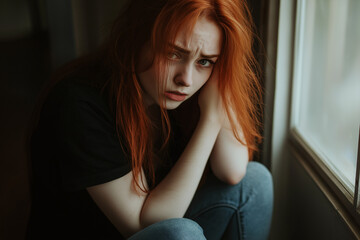 Fototapeta premium Emotional portrait of a ginger-haired woman hugging her knees with tears in her eyes