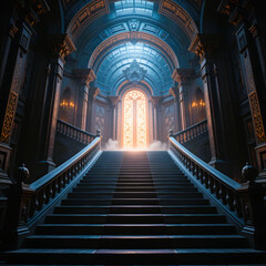 Obraz premium a staircase leading to a glowing door at the top, symbolizing the journey to success